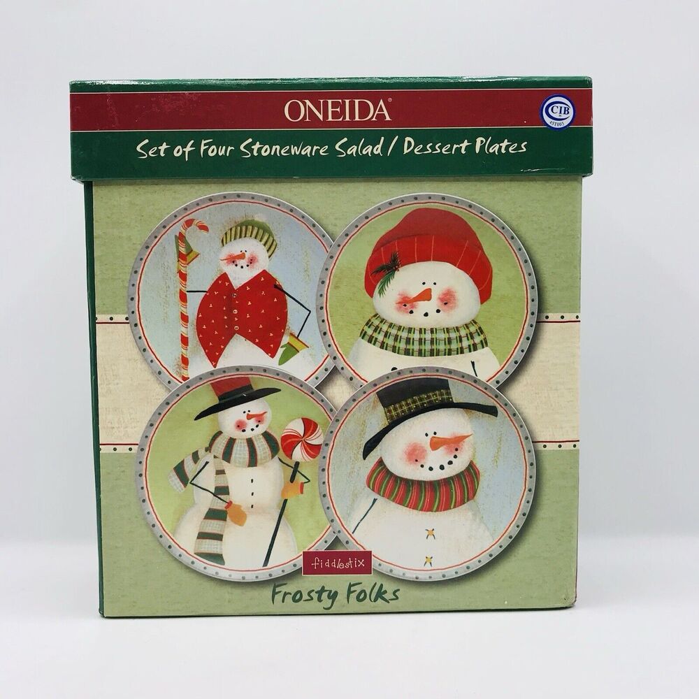 ONEIDA CHRISTMAS FROSTY FOLKS STONEWARE SALAD/DESSERT PLATES SET OF 4